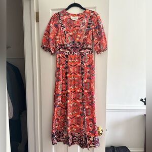 Anthropologie Red and Pink Patterned Midi Dress